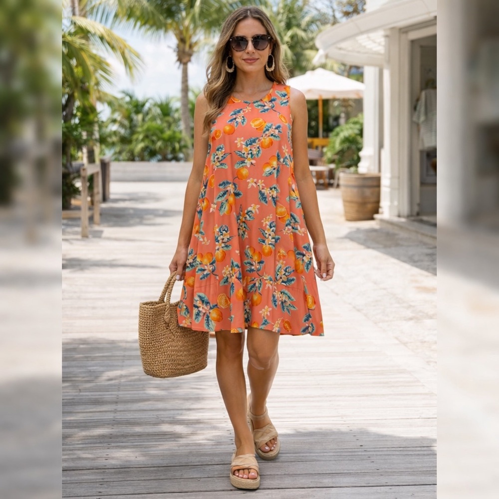Sleeveless Coral Pink and Orange 🍊 Floral A-Line Sundress
